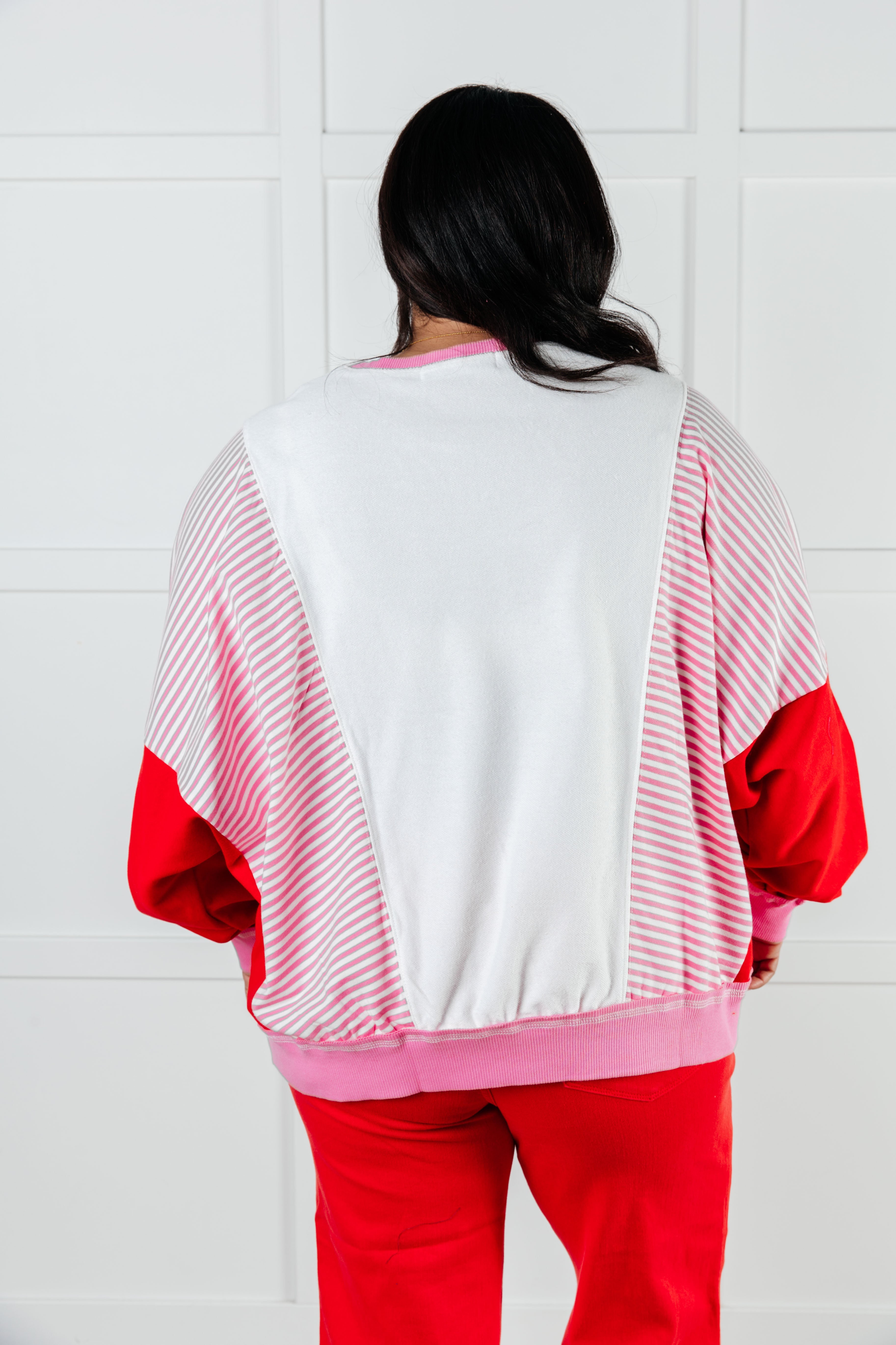 One Eleven North French Terry Stripes on My Sleeves Pink & Red Color Block Pullover Tops