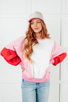 One Eleven North French Terry Stripes on My Sleeves Pink & Red Color Block Pullover Tops