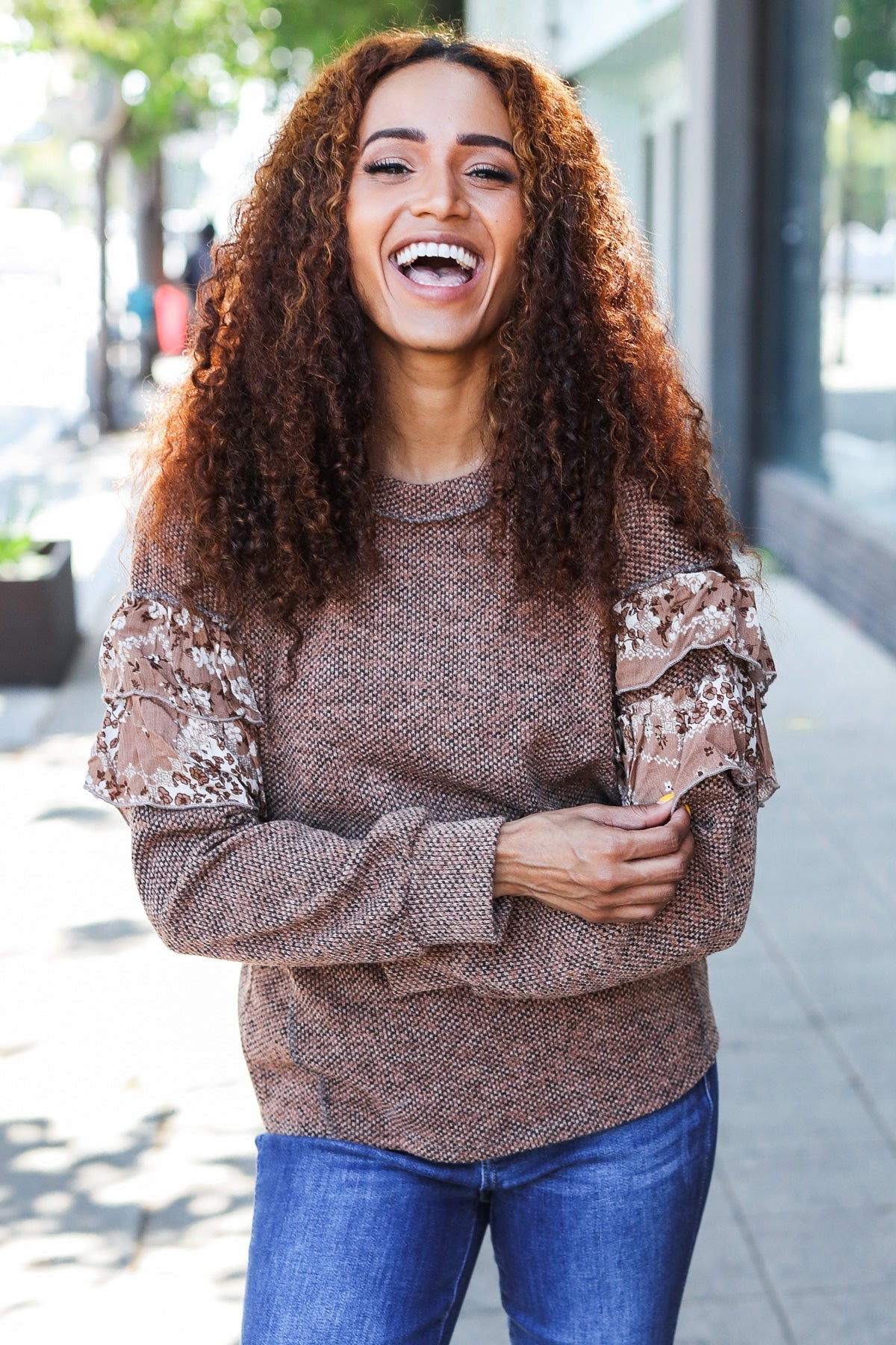 Sugarfox Fall Diva Brown Two Tone Knit Floral Print Frill Detail Sweater Large