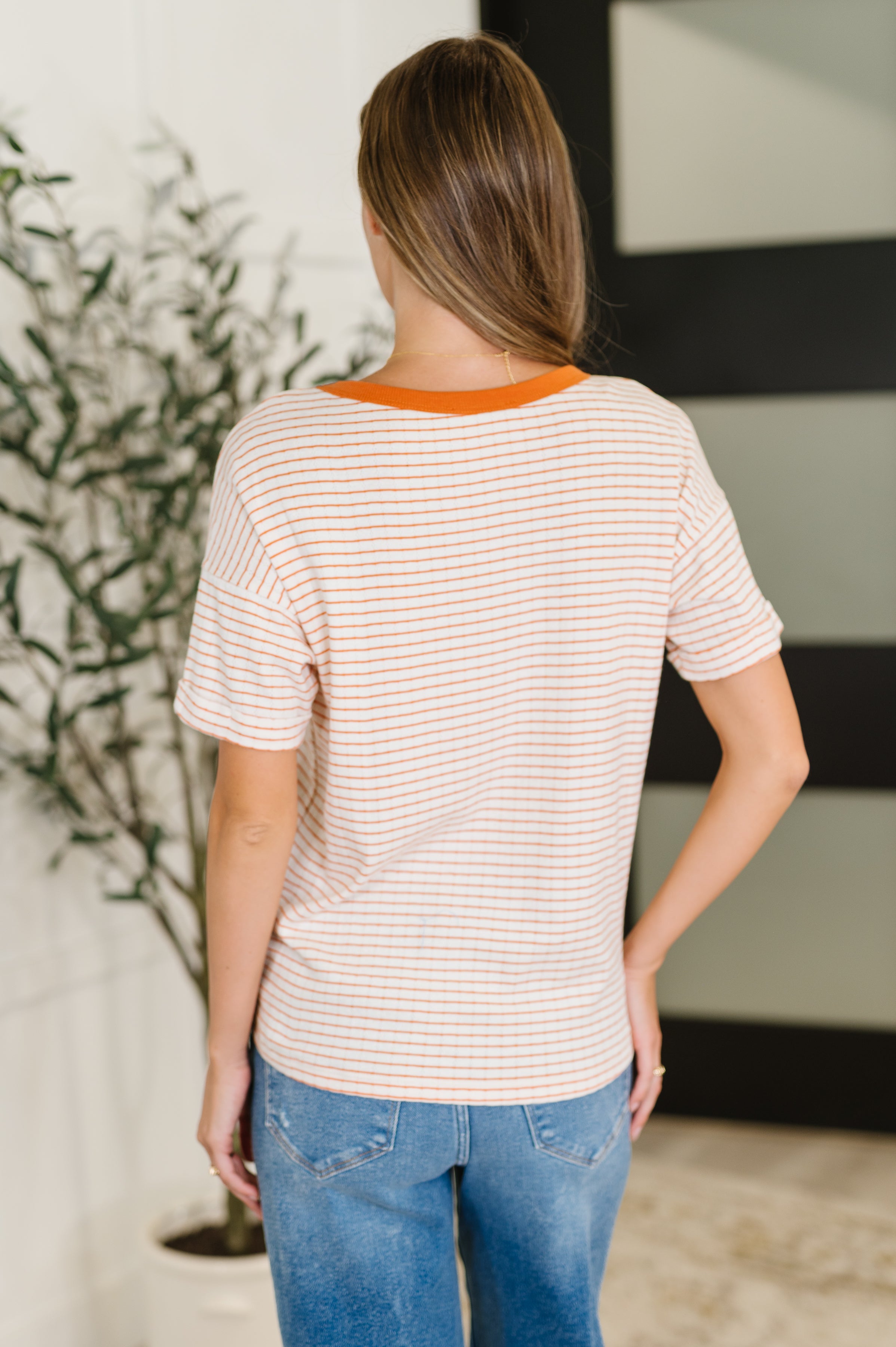 Staccato Sunbeam Shuffle Banded Round Neck Top in Orange Womens