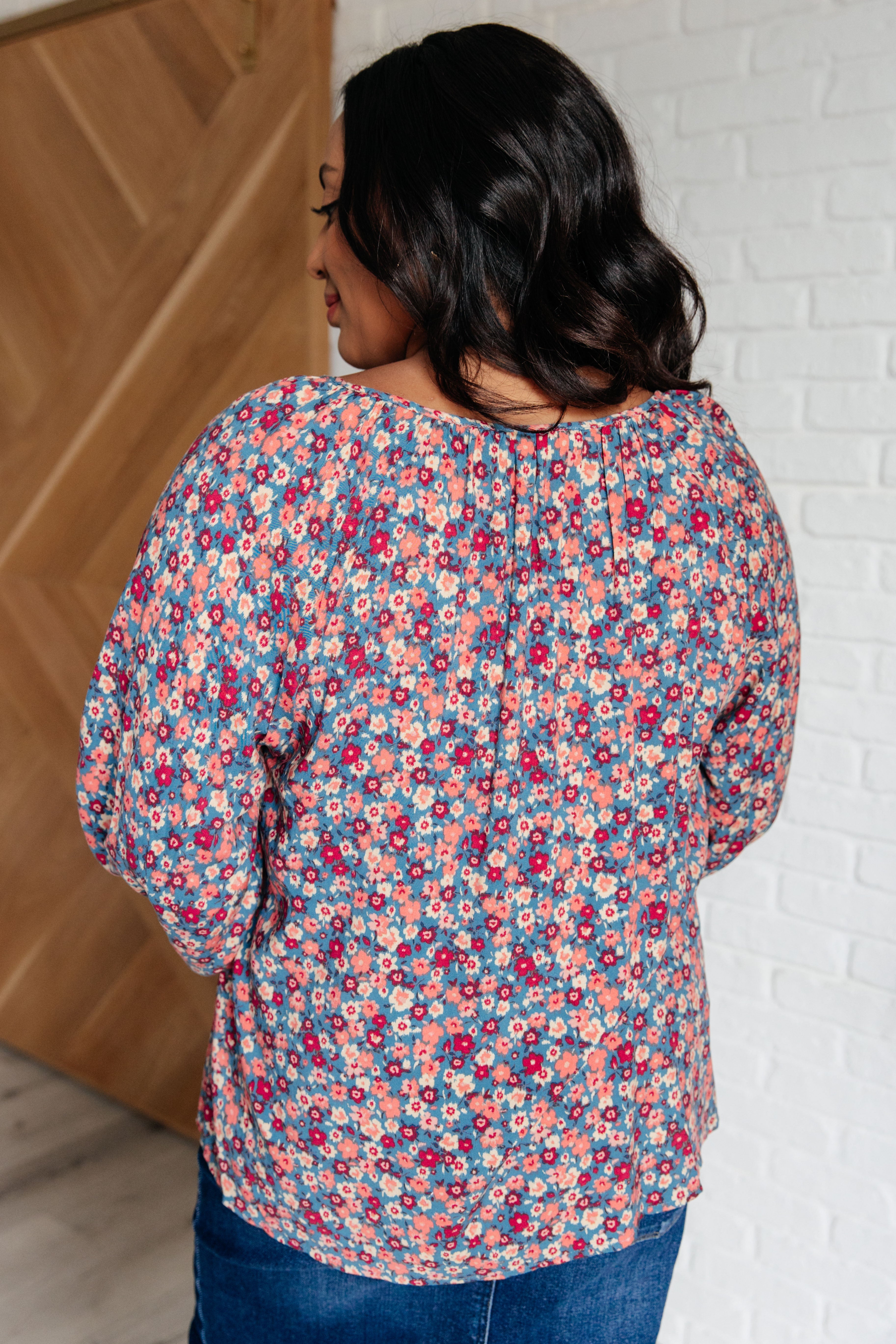 Andree By Unit Sunday Brunch Blouse in Denim Floral Ave Shops