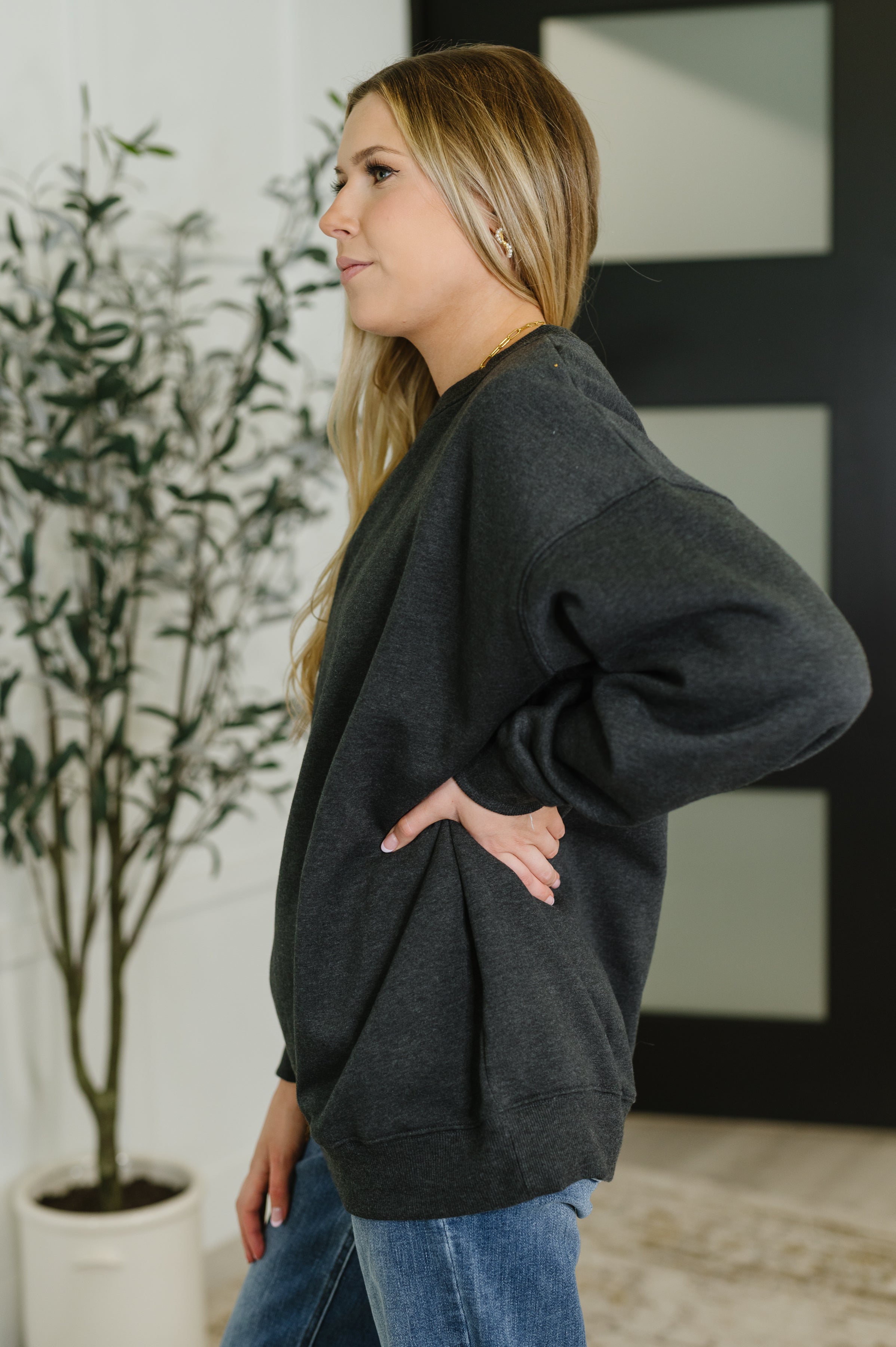 Zenana Sunday Snug Relaxed Pullover in Charcoal Womens