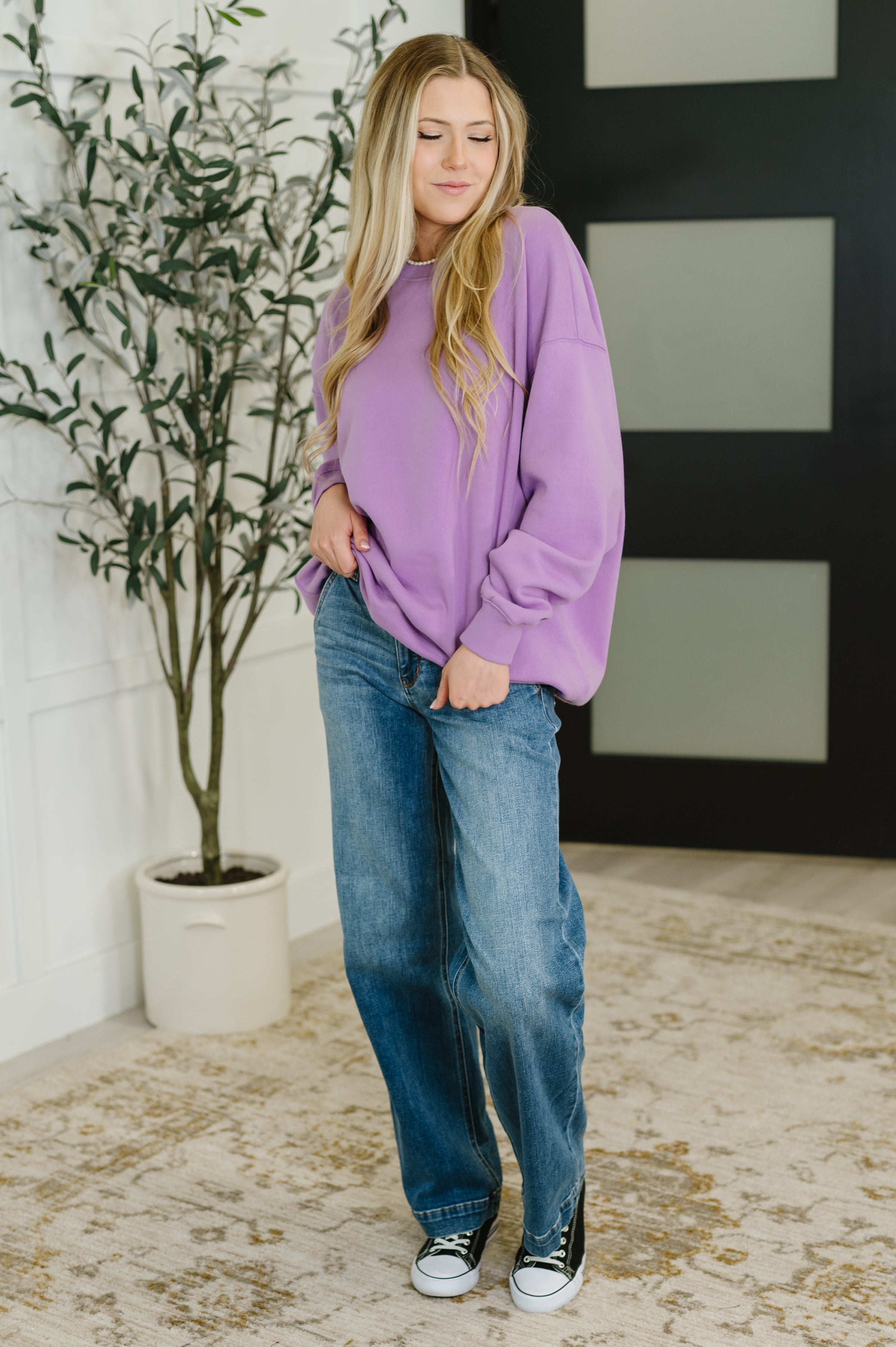 Zenana Sunday Snug Relaxed Pullover in Lavender Womens