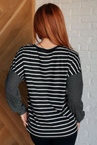 One Eleven North Super Clever Patchwork Striped Top in Black Shirts & Tops