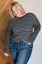 One Eleven North Super Clever Patchwork Striped Top in Black Shirts & Tops