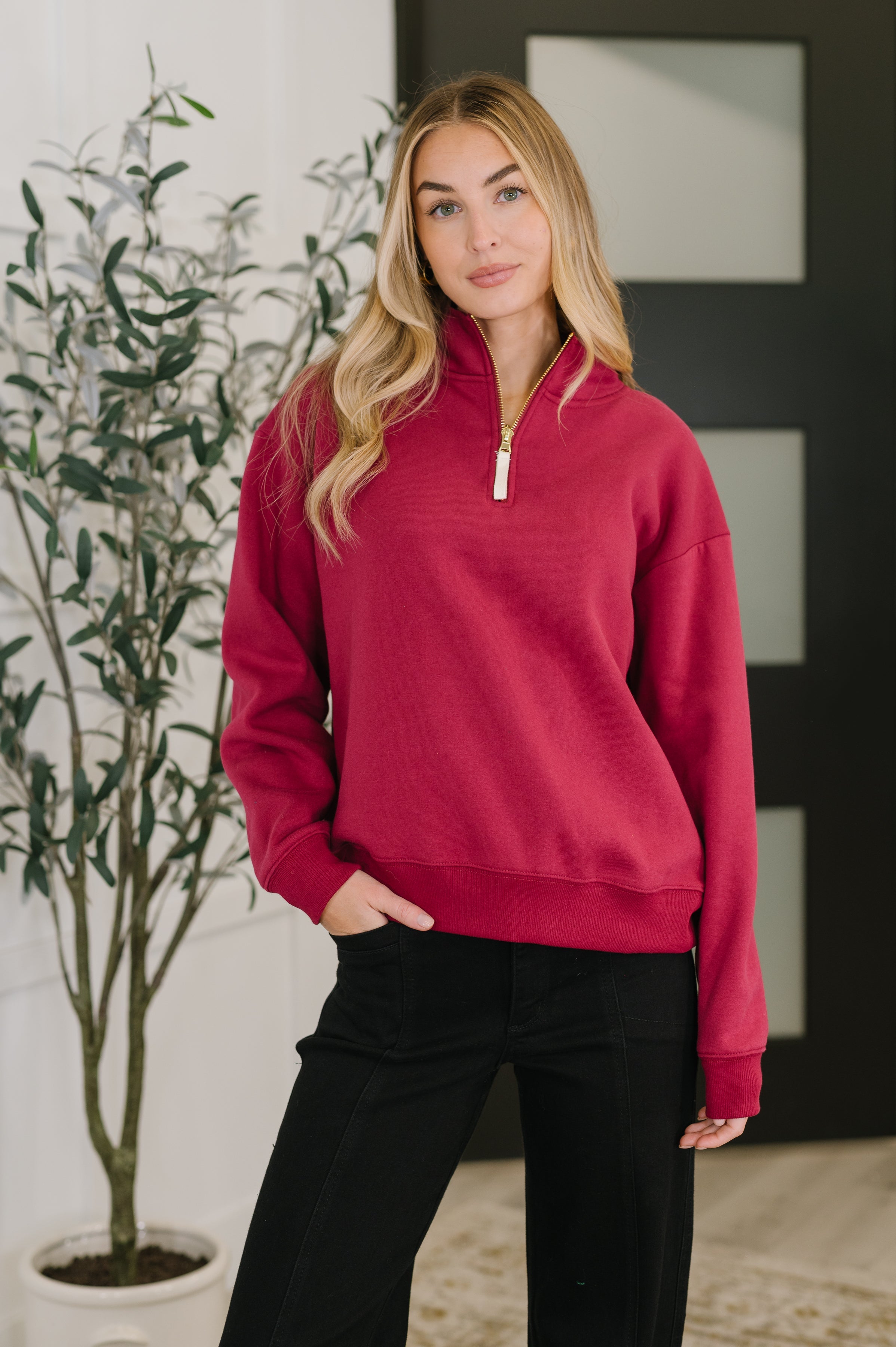 Sweater Weather Half Zip High Neck Pullover in Cabernet Womens