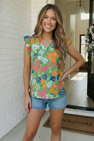 First Love Garden Party Green Floral Ruffle Sleeve Blouse