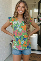 First Love Garden Party Green Floral Ruffle Sleeve Blouse