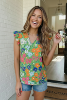 First Love Garden Party Green Floral Ruffle Sleeve Blouse