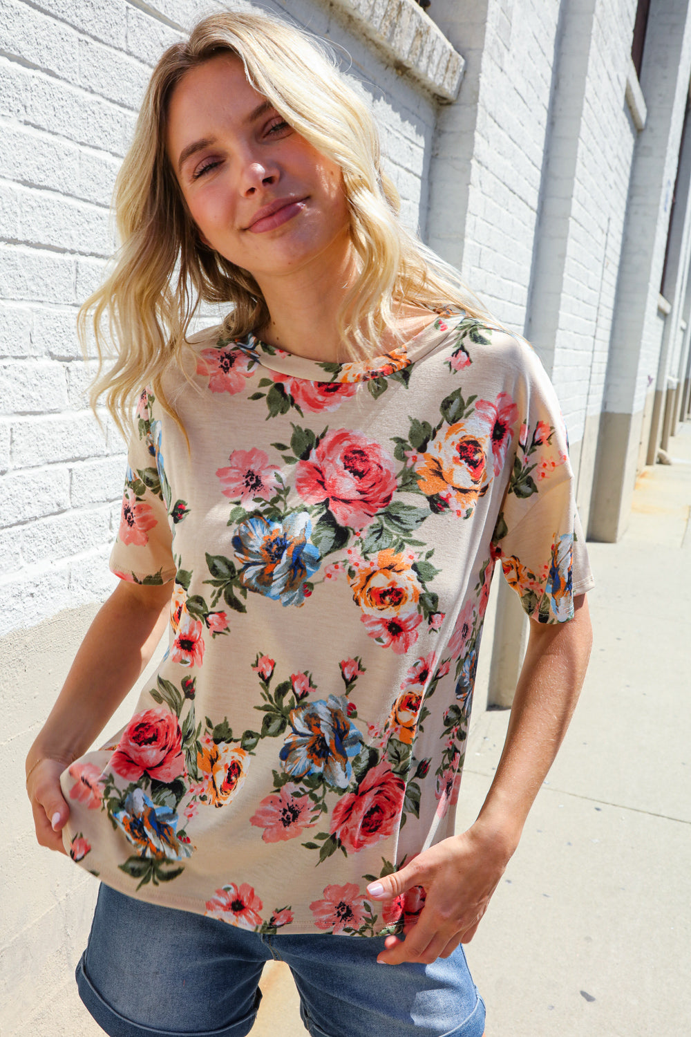 Haptics Taupe Floral Print Short Sleeve Top