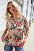 Haptics Taupe Floral Print Short Sleeve Top