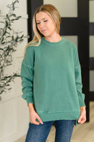 Zenana Talk Cozy to Me Stepped Hem Pullover in Dark Green Womens