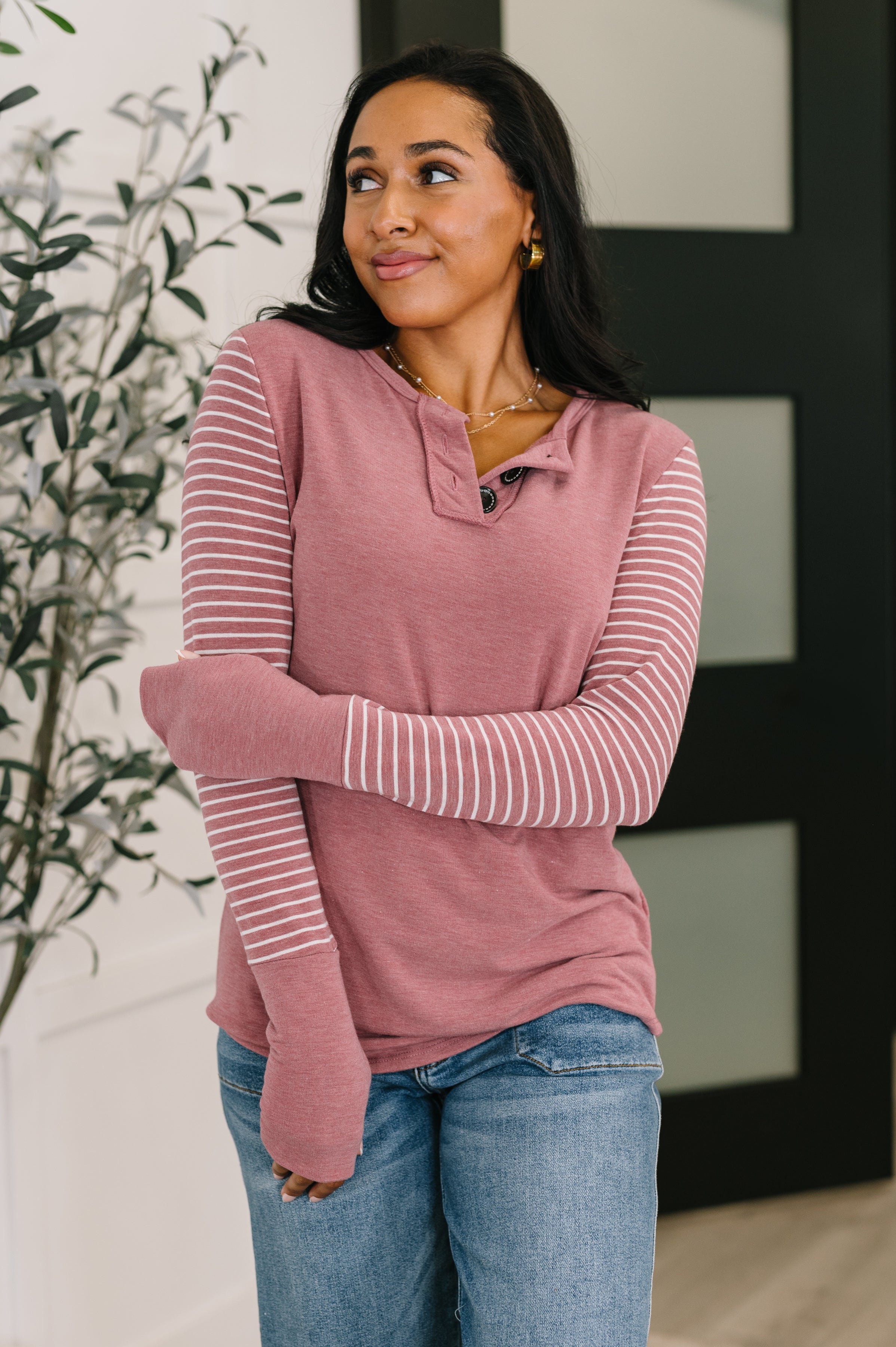 7th Ray Talk to Me Long Sleeve Henley in Vintage Marsala Womens