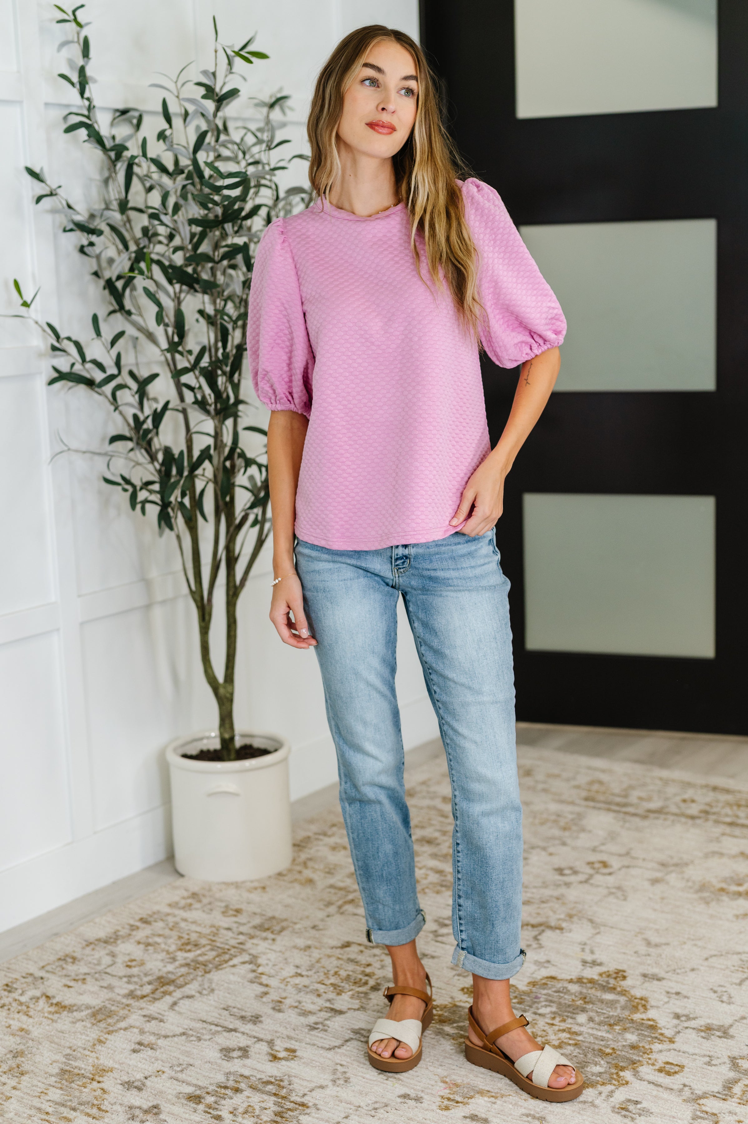 One Eleven North Textured Balloon Sleeve Blouse in Pink Womens