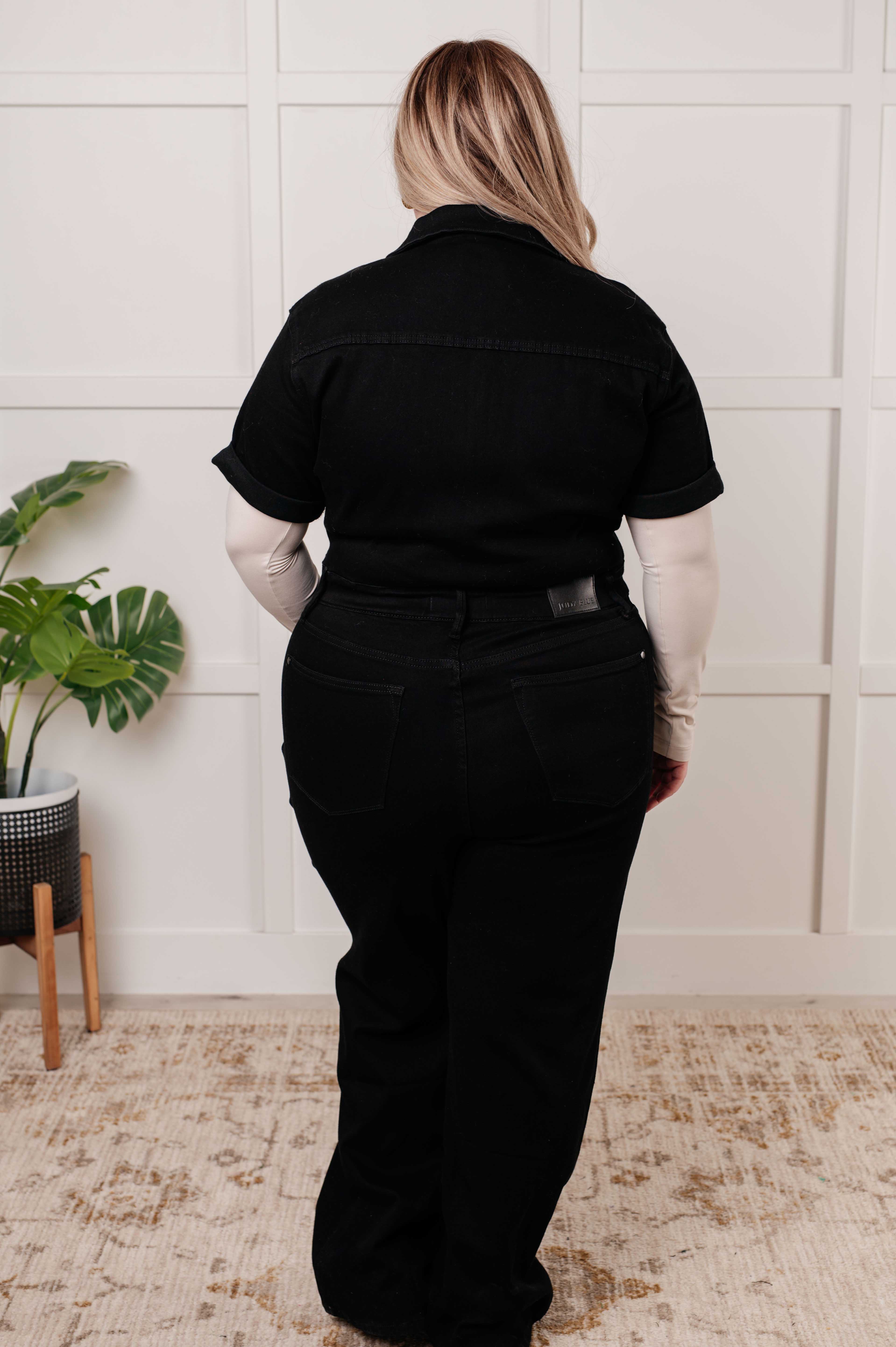 Judy Blue Tilda Short Sleeve Control Top Denim Black Jumpsuit