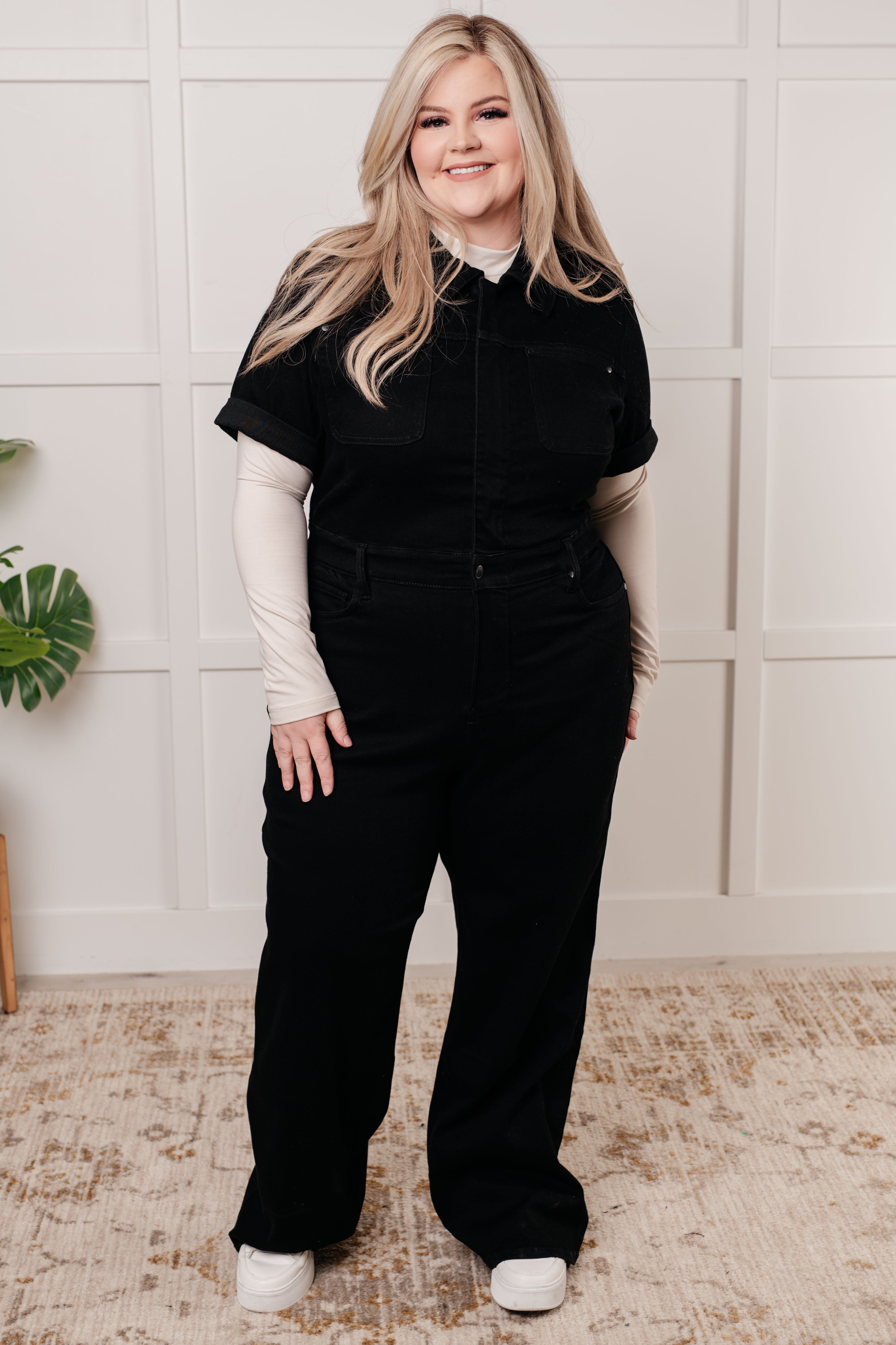 Judy Blue Tilda Short Sleeve Control Top Denim Black Jumpsuit