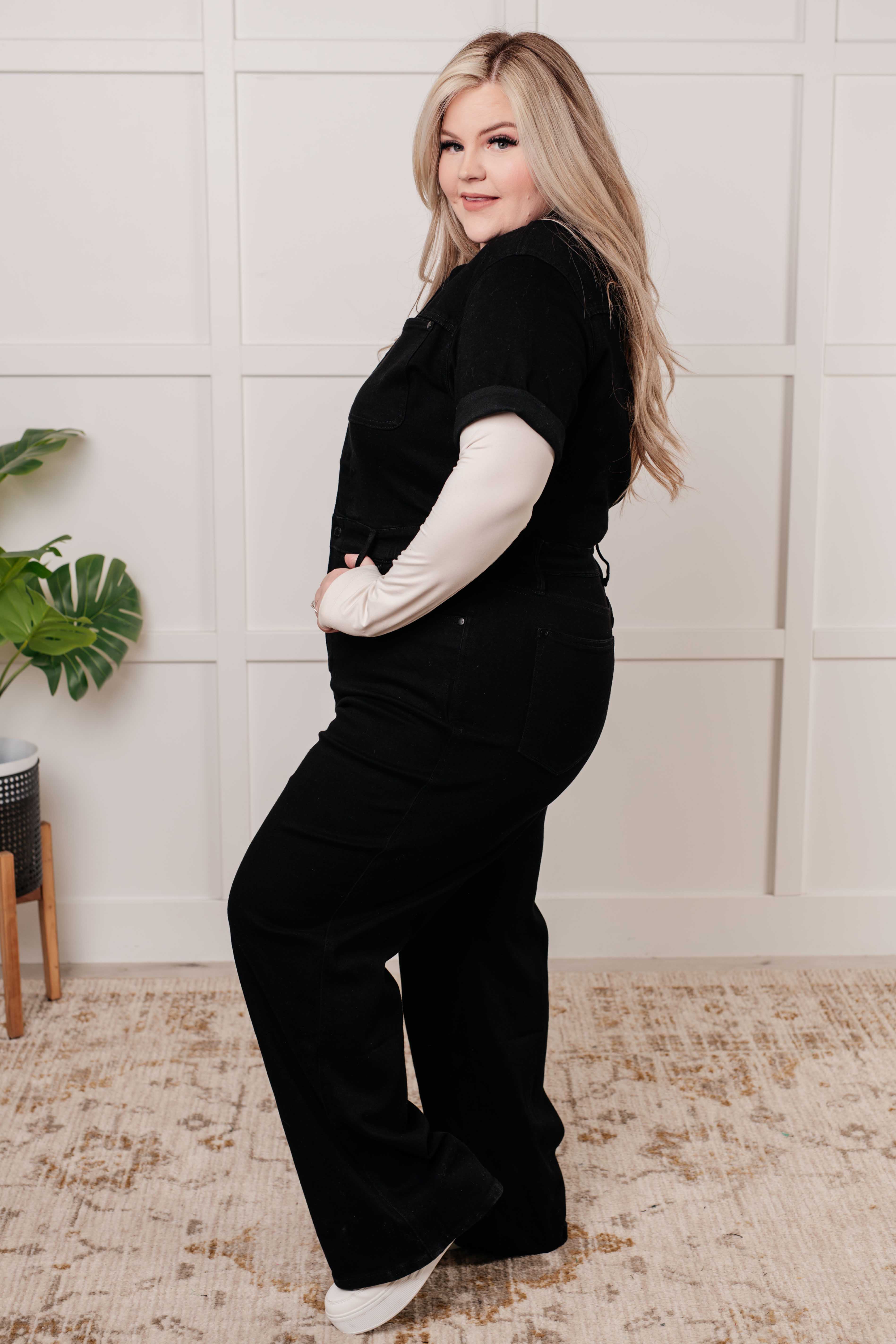 Judy Blue Tilda Short Sleeve Control Top Denim Black Jumpsuit