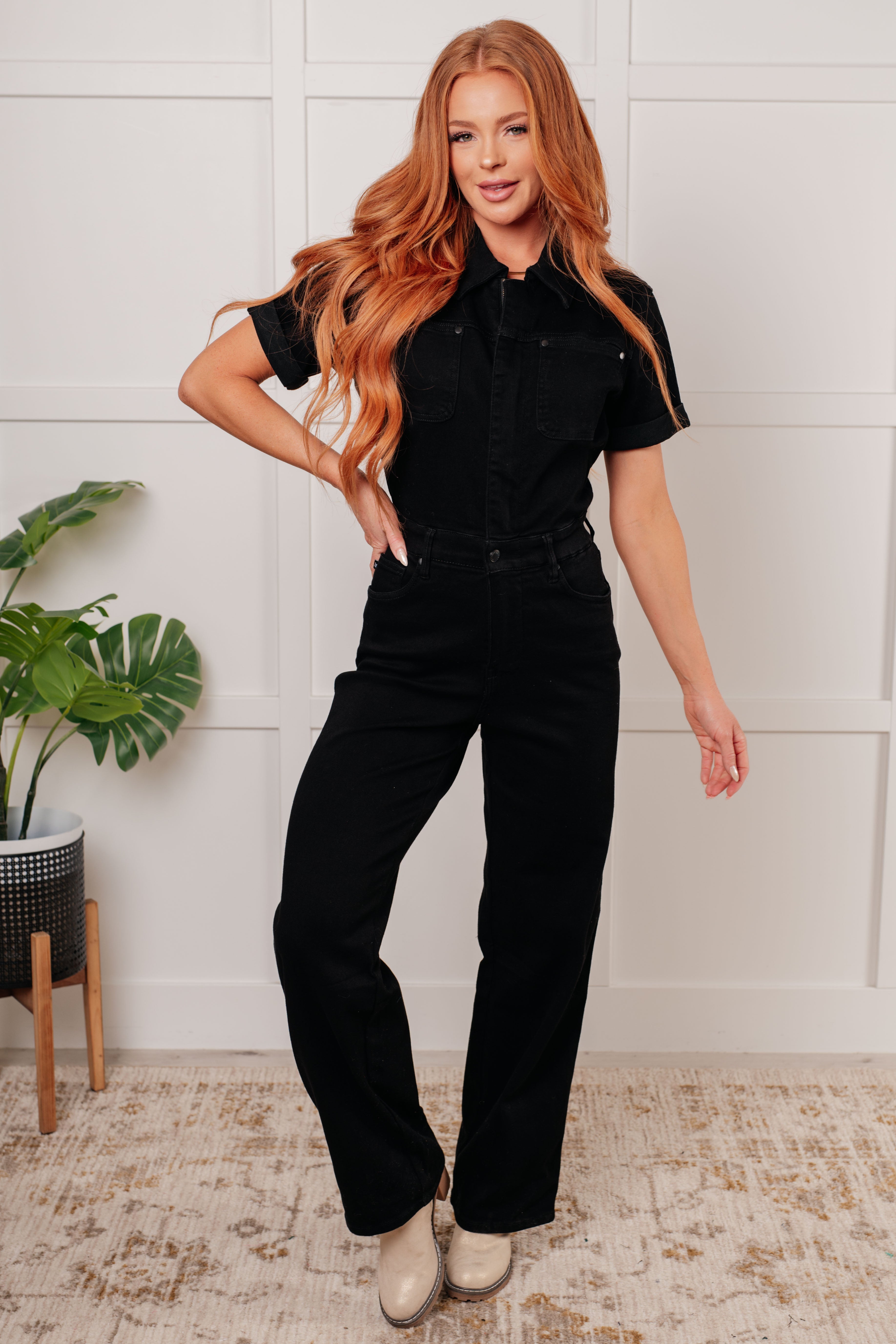 Judy Blue Tilda Short Sleeve Control Top Denim Black Jumpsuit Ave Shops