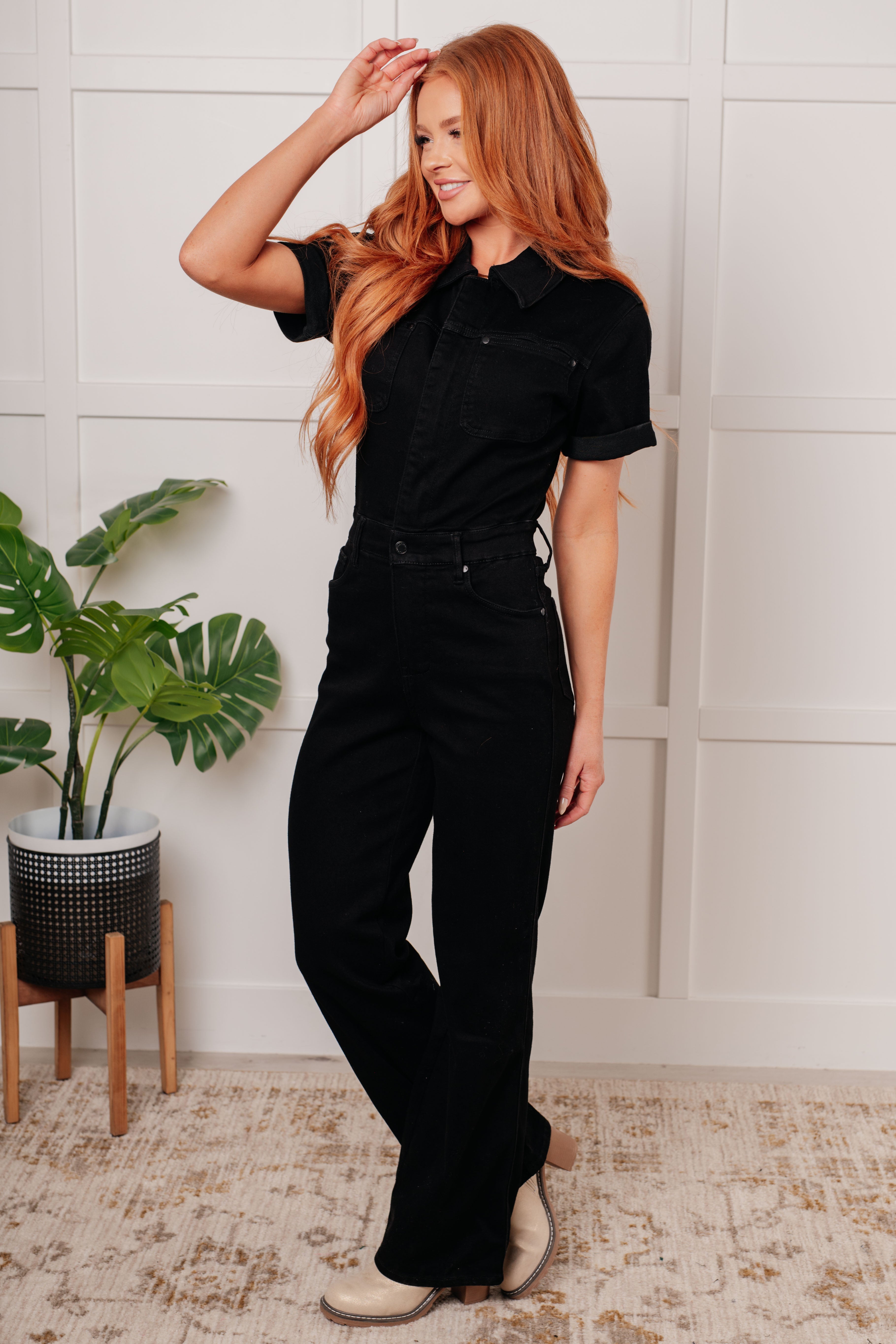 Judy Blue Tilda Short Sleeve Control Top Denim Black Jumpsuit