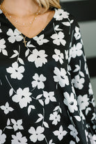 Haptics Black & White Time and Time Again Front Ribbon Tie Detail Floral Babydoll Blouse Womens