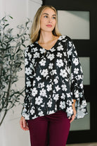 Haptics Black & White Time and Time Again Front Ribbon Tie Detail Floral Babydoll Blouse Womens