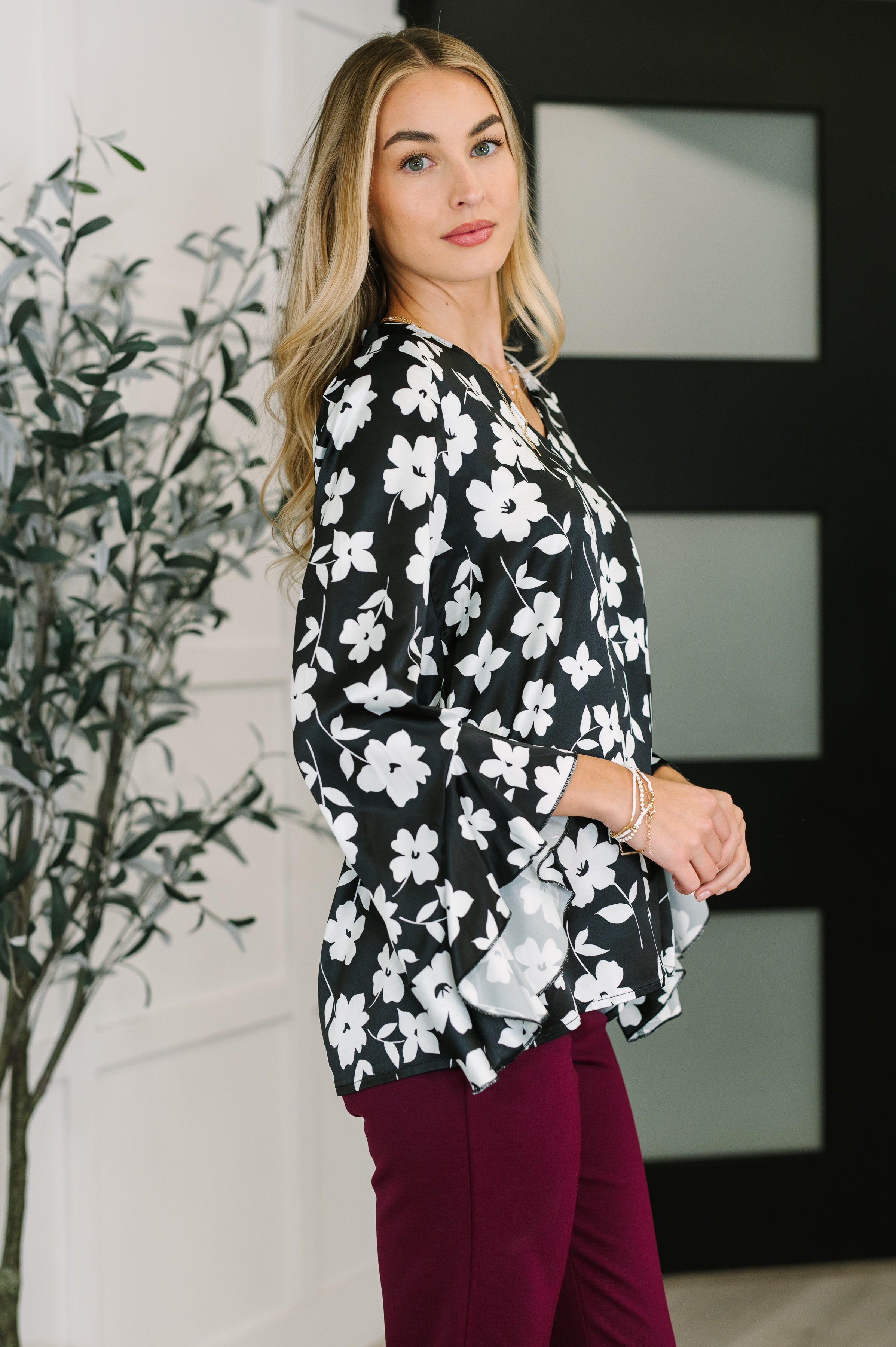 Haptics Black & White Time and Time Again Front Ribbon Tie Detail Floral Babydoll Blouse Womens