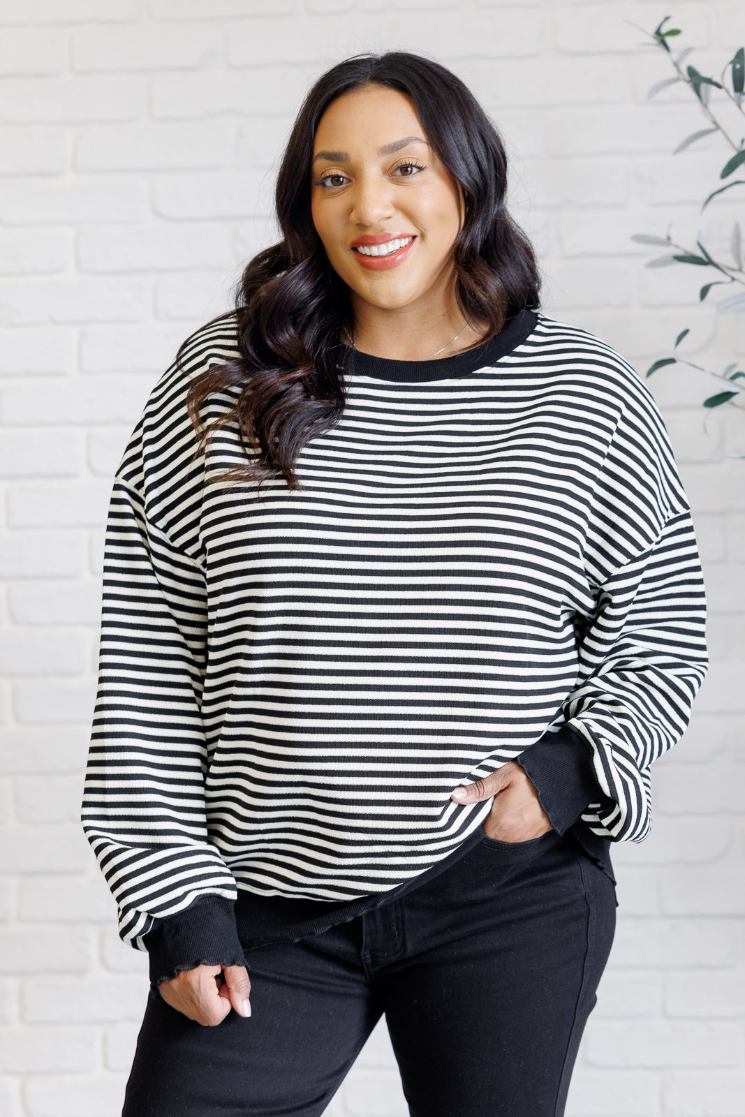 One Eleven North Too Good to Be True Striped Drop Shoulder Top in Black 2XL Tops