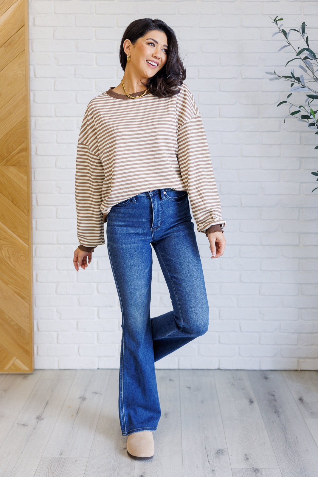 One Eleven North Too Good to be True Striped Drop Shoulder Top in Brown Tops