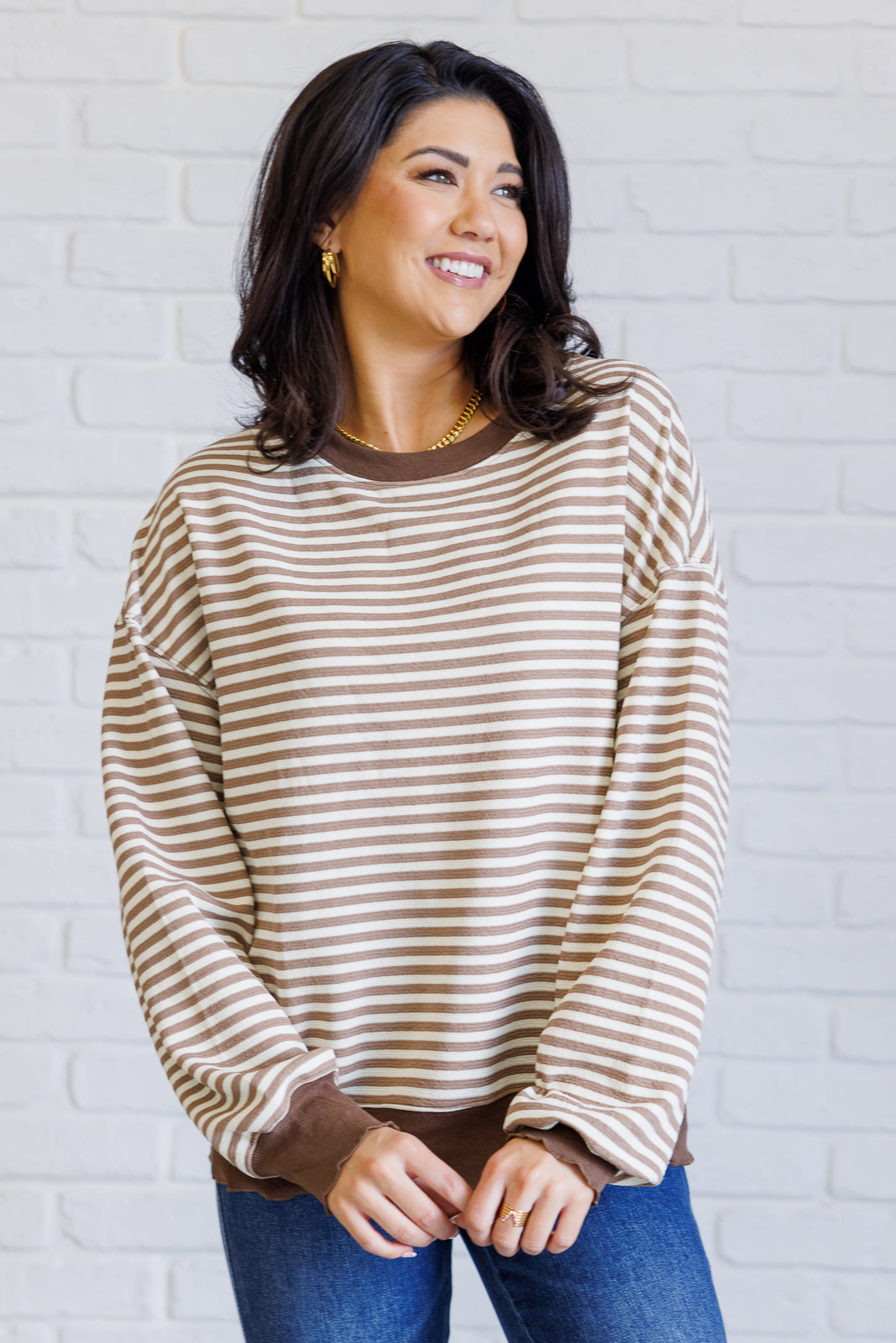 One Eleven North Too Good to be True Striped Drop Shoulder Top in Brown Tops