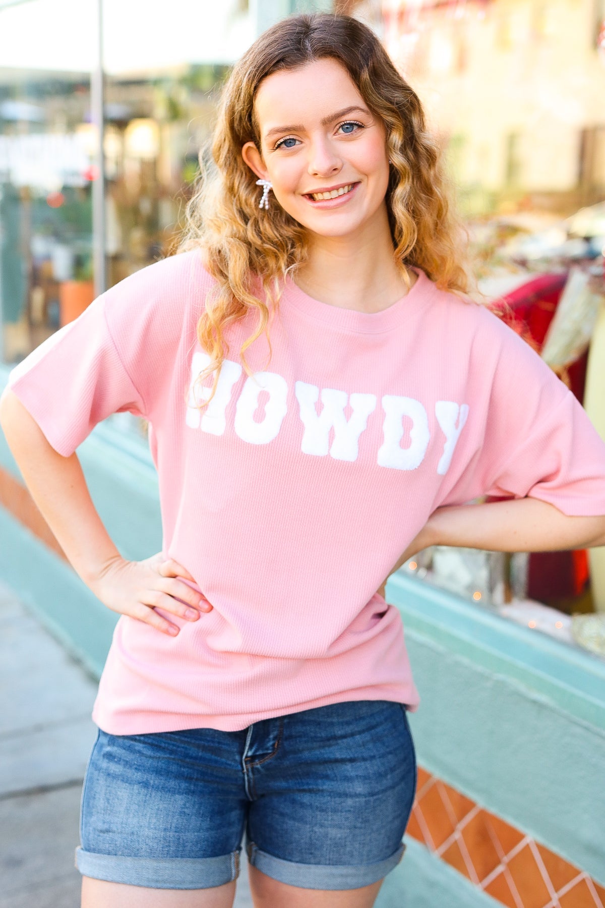 Haptics Pink Pop-Up Embroidered "HOWDY" Ribbed Top Final Sale Haptics