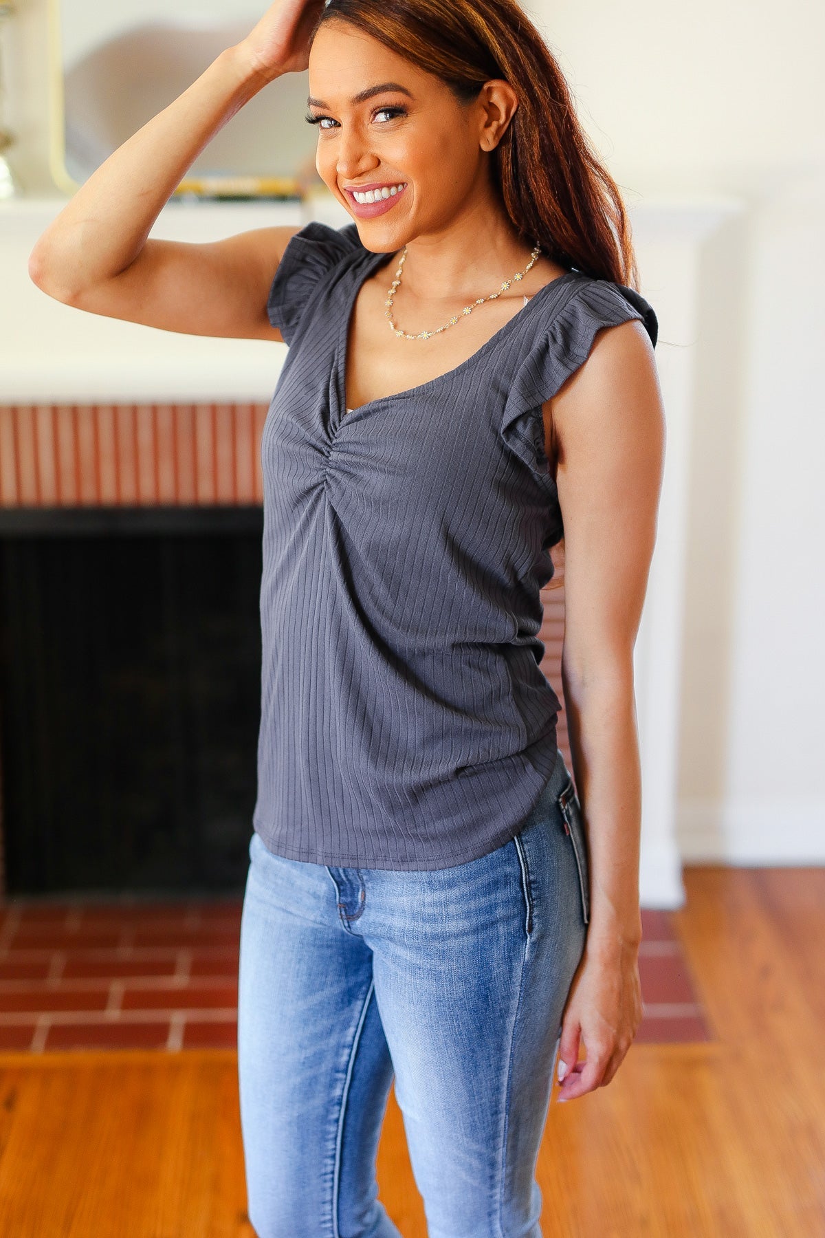 Haptics Sunny Days Charcoal Sweetheart Neckline Ribbed Top Haptics