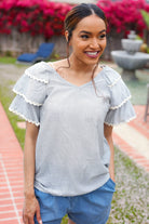 Haptics Lovely In Gray Stripe Tiered Ruffle Sleeve Ric Rac Trim Top 2024 Summer Blow Out Sale
