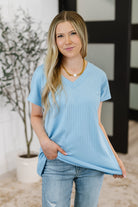 Andree by Unit Top Shelf Basic V-Neck Ribbed Tee in Sky Blue Womens