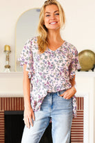 First Love Summer Vibes Blush Floral Print V Neck Babydoll Crepe Top First Love