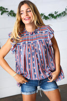 Haptics Navy & Orange Boho Stripe Flutter Sleeve Top Haptics