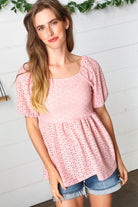 Haptics Mauve Eyelet Puff Sleeve Babydoll Top