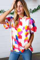 Jodifl Multicolor Print Frilled Mock Neck Puff Sleeve Top JODIFL