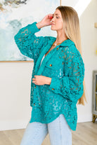 Bibi Teal Topped with Lace Button Down Tops