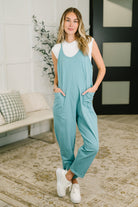 Zenana Totally Me Spaghetti Strap Jumpsuit Dusty Teal Womens