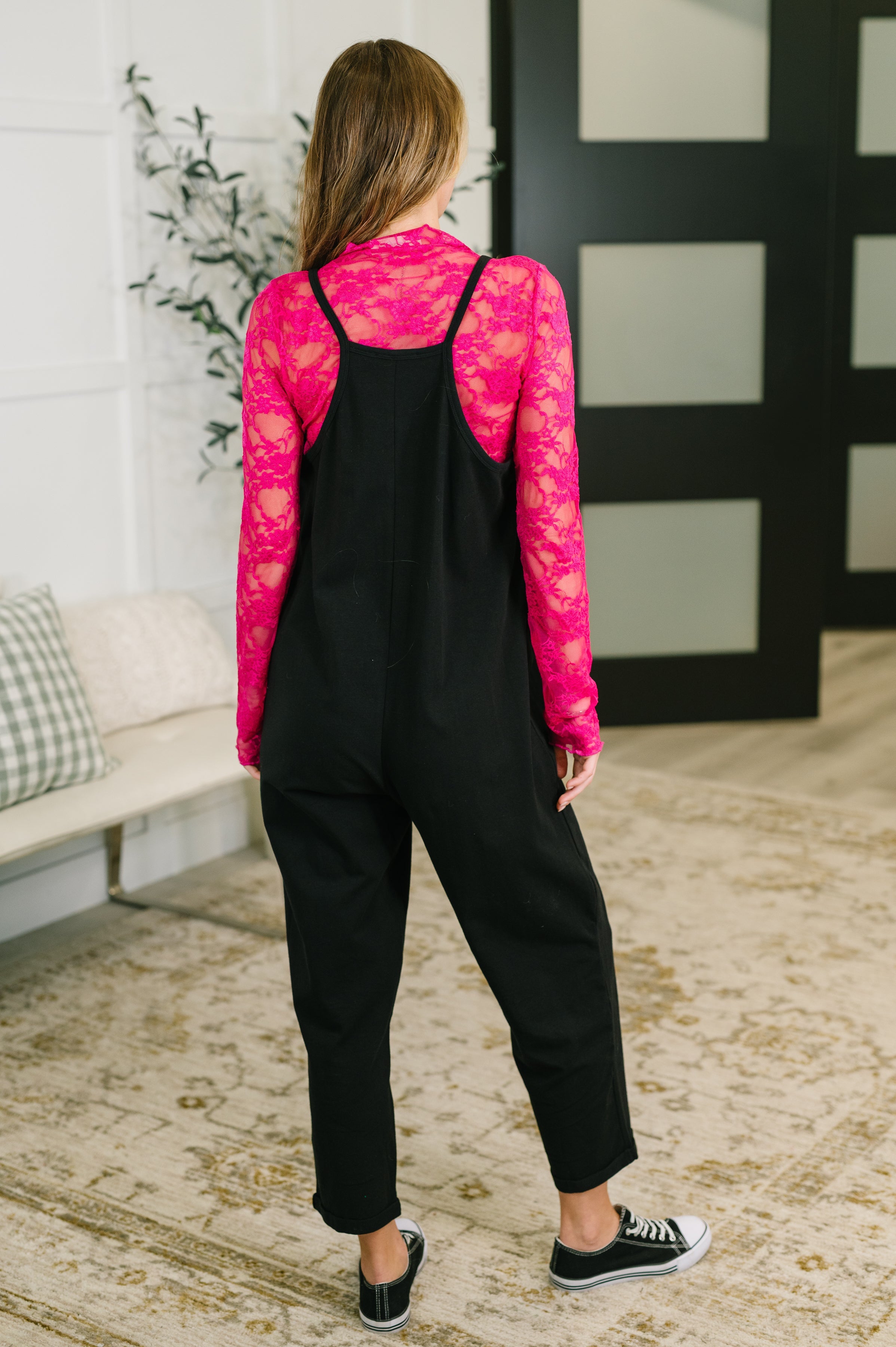 Zenana Totally Me Spaghetti Strap Jumpsuit in Black Womens