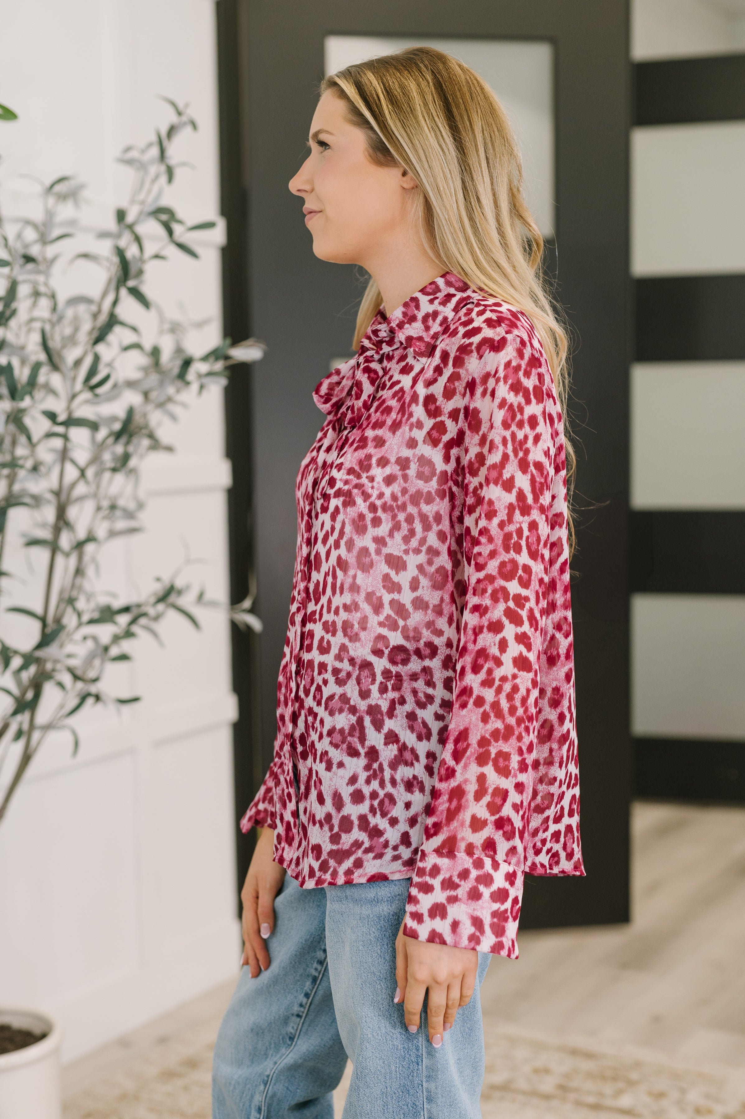 Haptics Totally Not Dramatic Leopard Print Button Down in Hot Pink Womens
