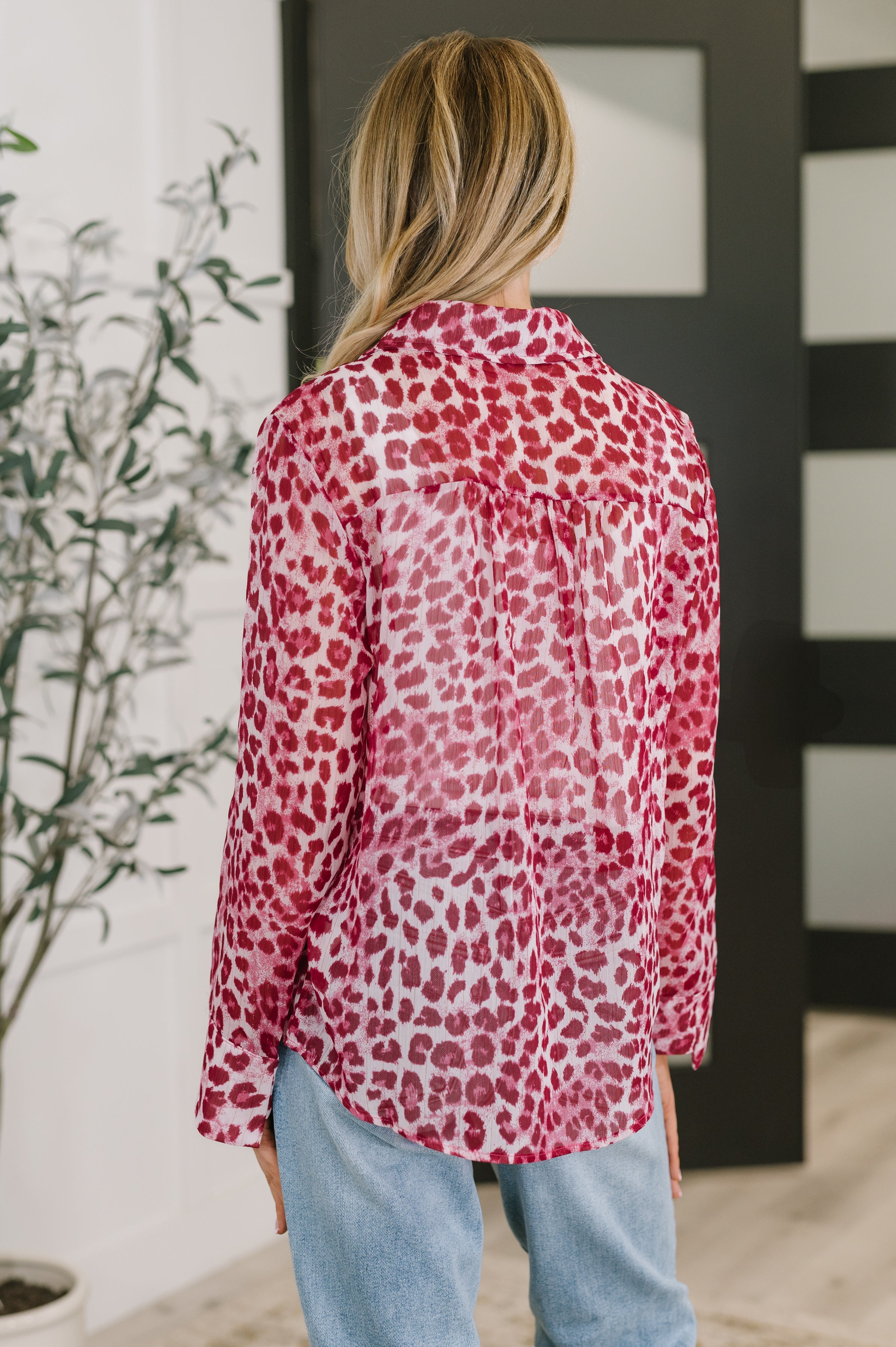 Haptics Totally Not Dramatic Leopard Print Button Down in Hot Pink Womens