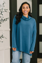 Dear Scarlett Travel Destination Cowl Neck Pullover in Dark Teal Womens