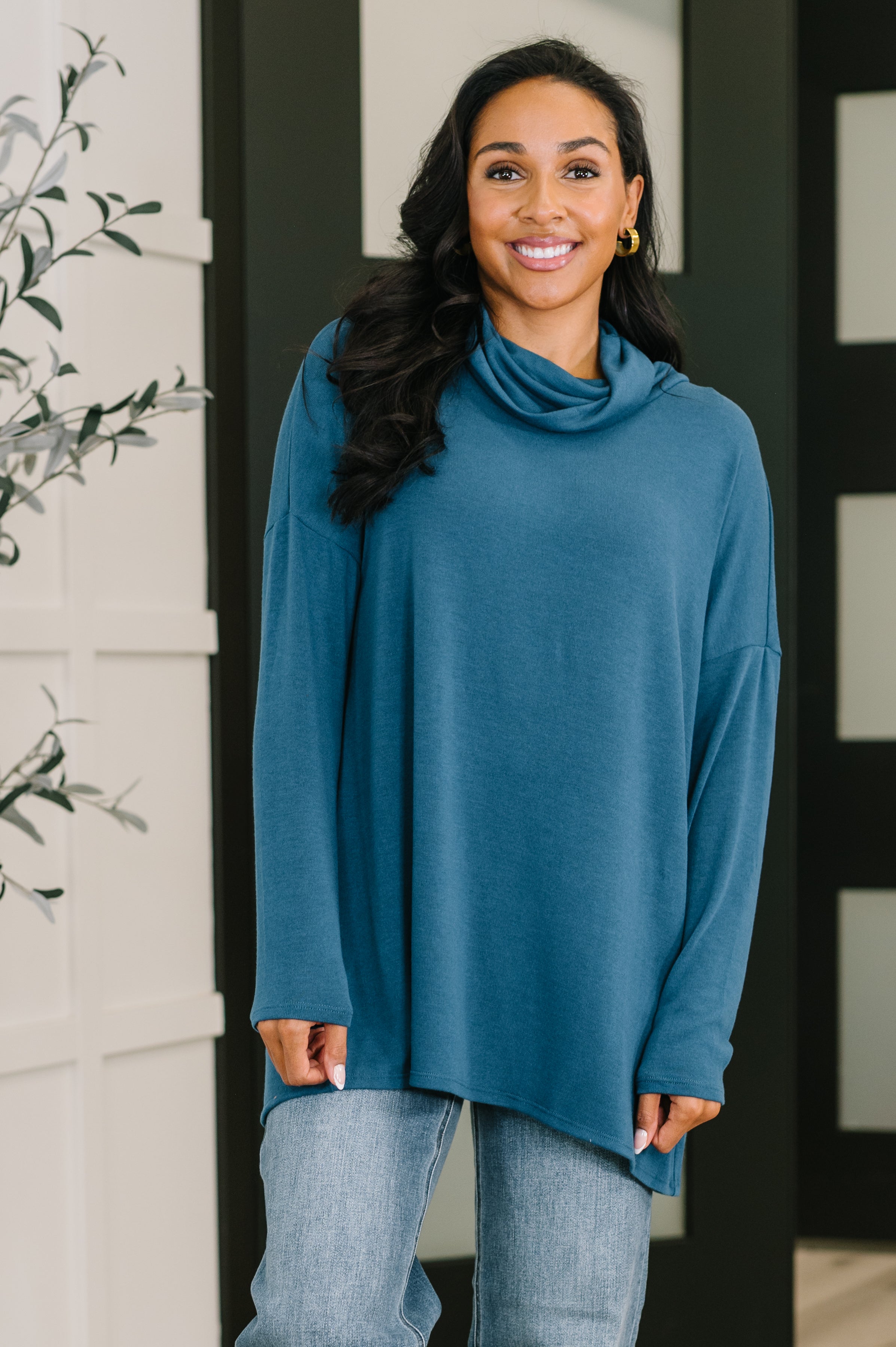 Dear Scarlett Travel Destination Cowl Neck Pullover in Dark Teal Womens