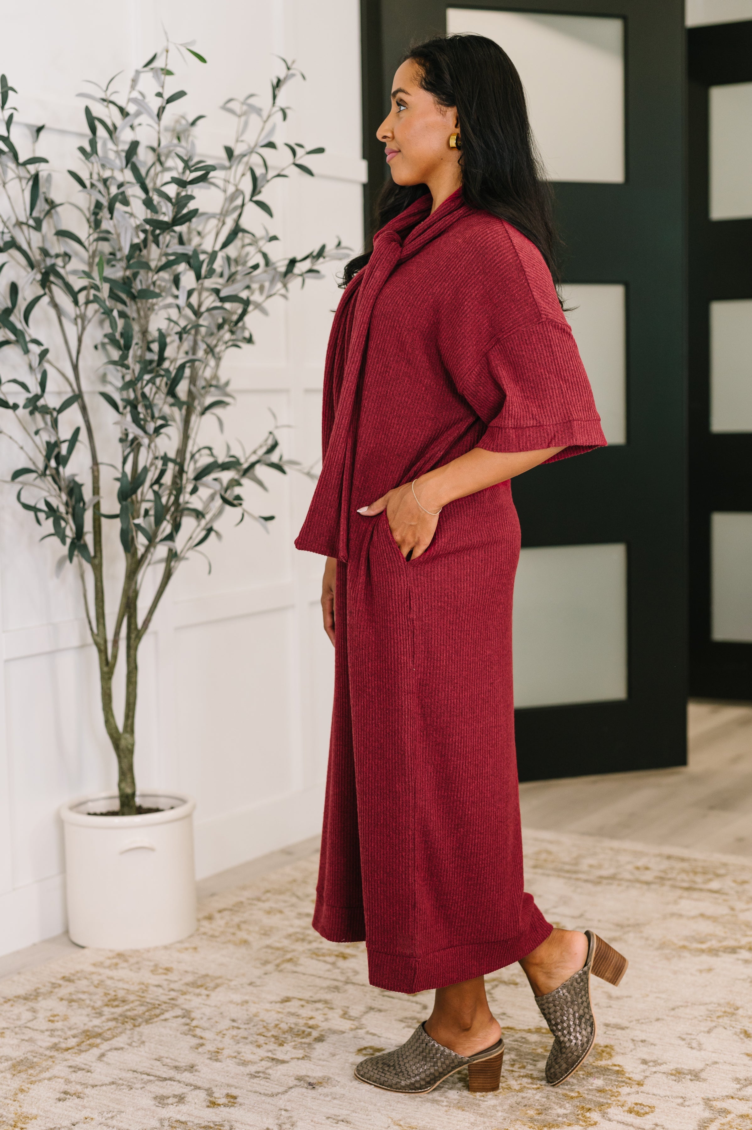 Dear Scarlett Travel Envy Ribbed Knit Dress in Wine Womens