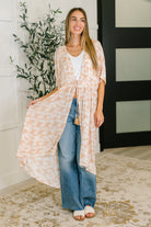 HEYSON Tropical Print Gauze Kimono with Elastic Waist Tie in Milk Tea Womens
