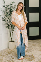 HEYSON Tropical Print Gauze Kimono with Elastic Waist Tie in Milk Tea Womens