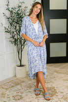 HEYSON Tropical Print Gauze Kimono with Elastic Waist Tie in Periwinkle Womens