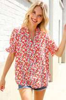 First Love Ruby Notched Neck Floral Smocked Sleeve Blouse