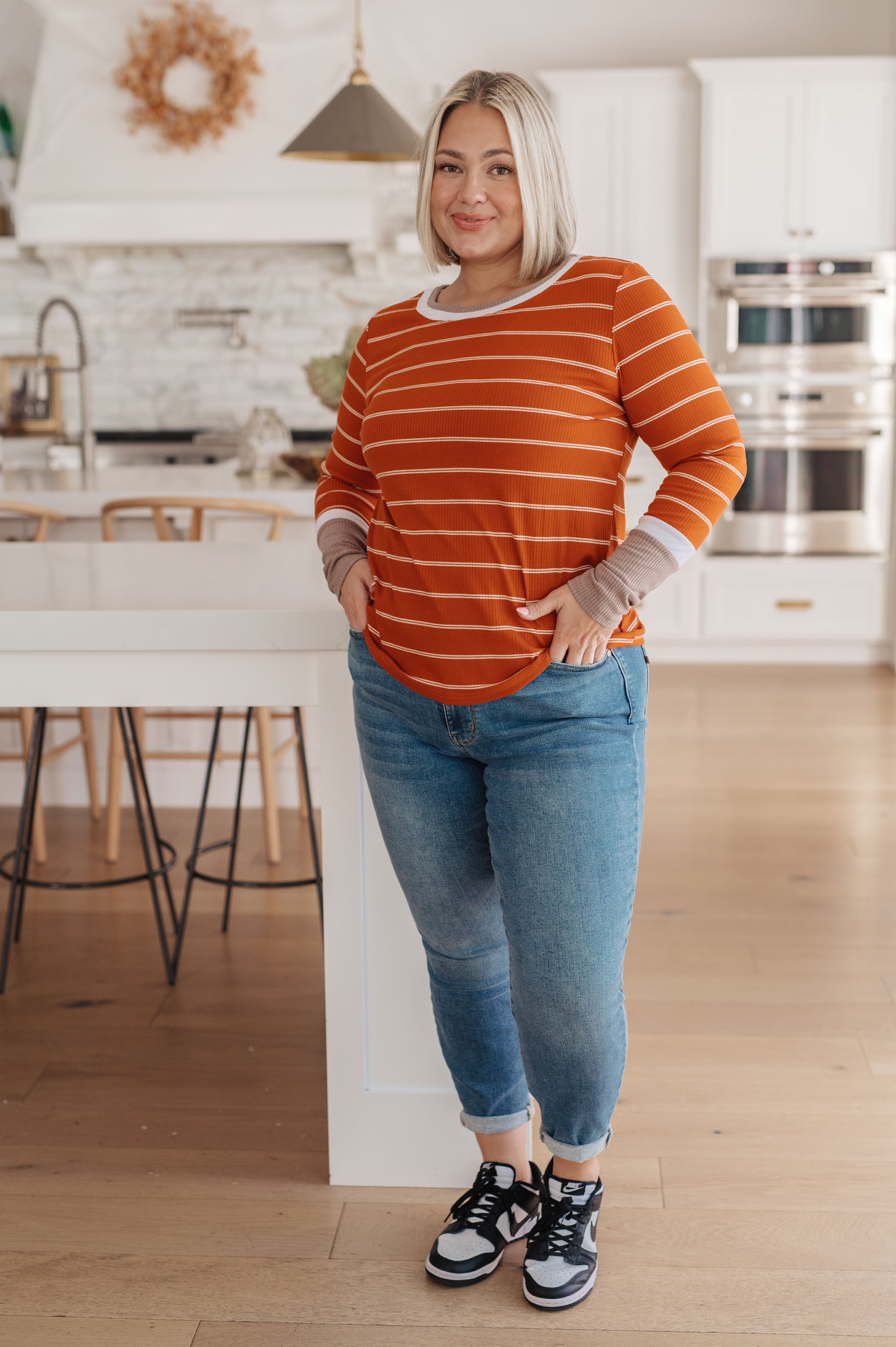 One Eleven North Orange Stripe Long Sleeve Tee Tops